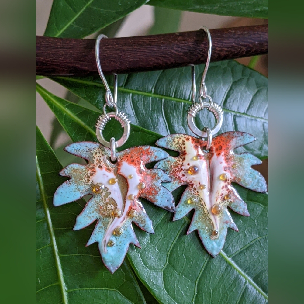 Hand Crafted Sterling Silver Earrings Artisan Leaf Charm Wire Wrap Hoop - Picture 9 of 15